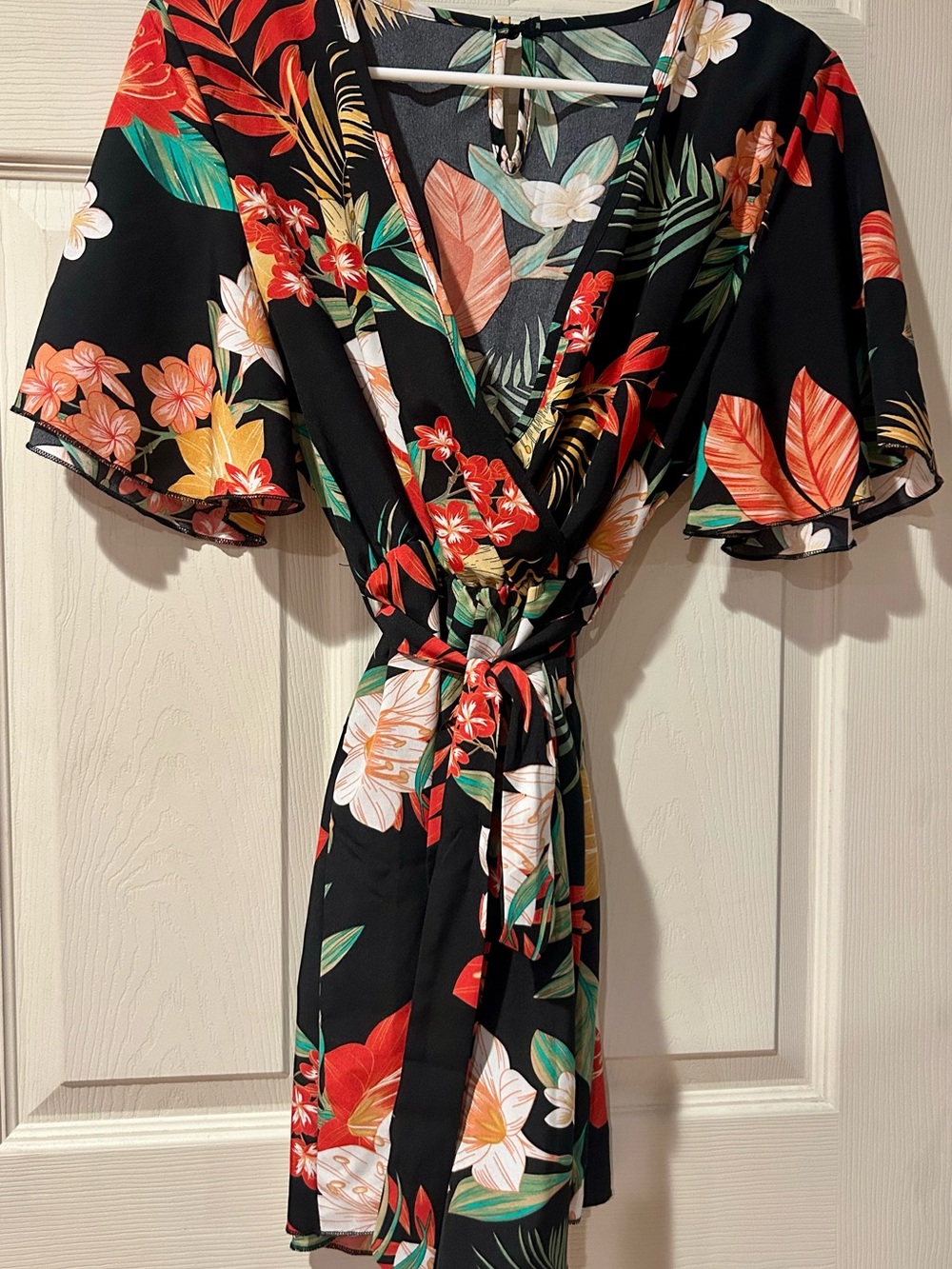 SHEIN Black Tropical Floral Wrap Romper with Red & Green Accents